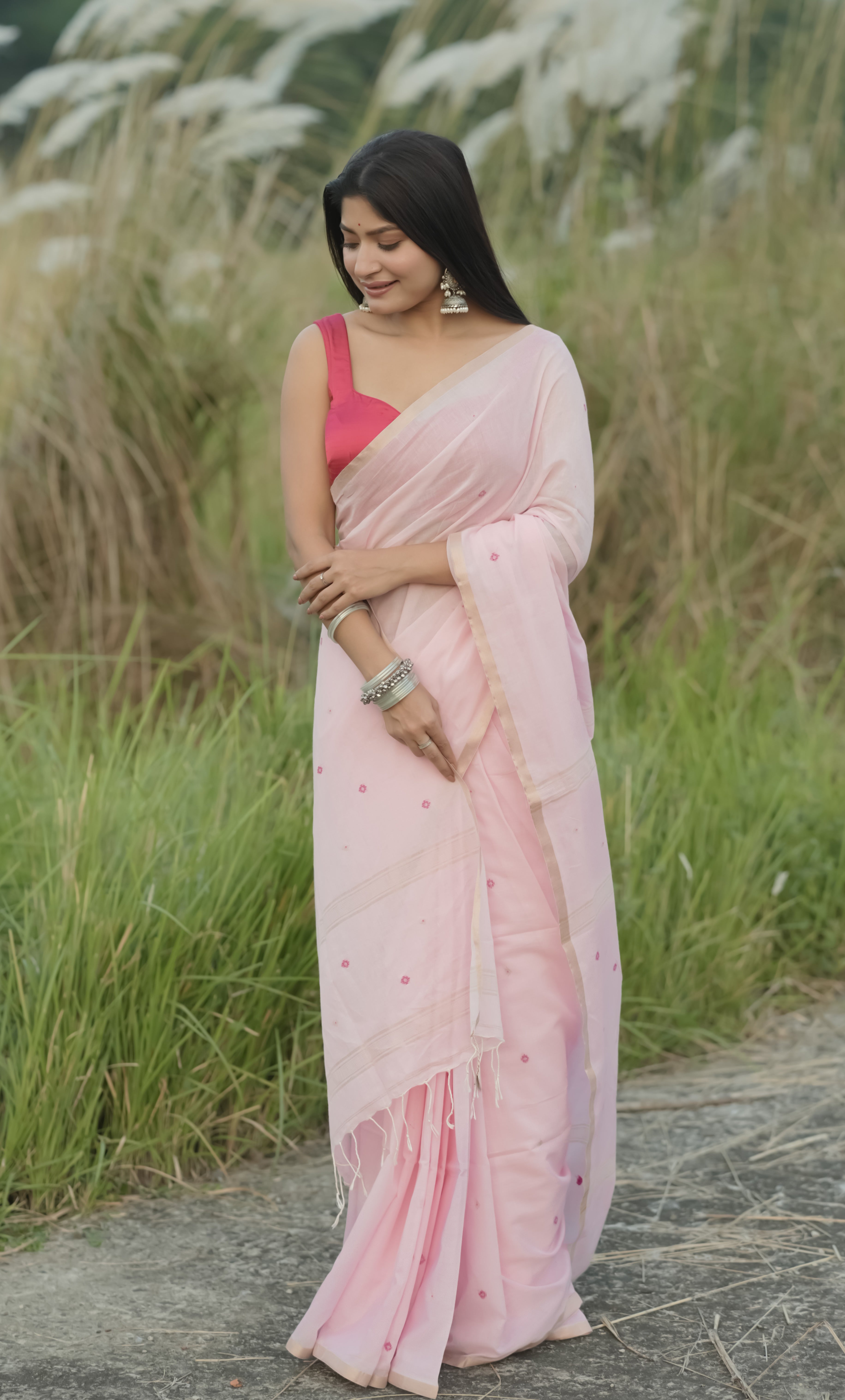 Handloom Mina Buti Jamdani Saree - Crystal Rose