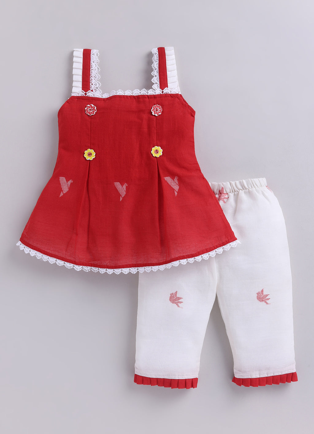KIDS HANDLOOM JAMDANI CO-ORD SET- RED & WHITE