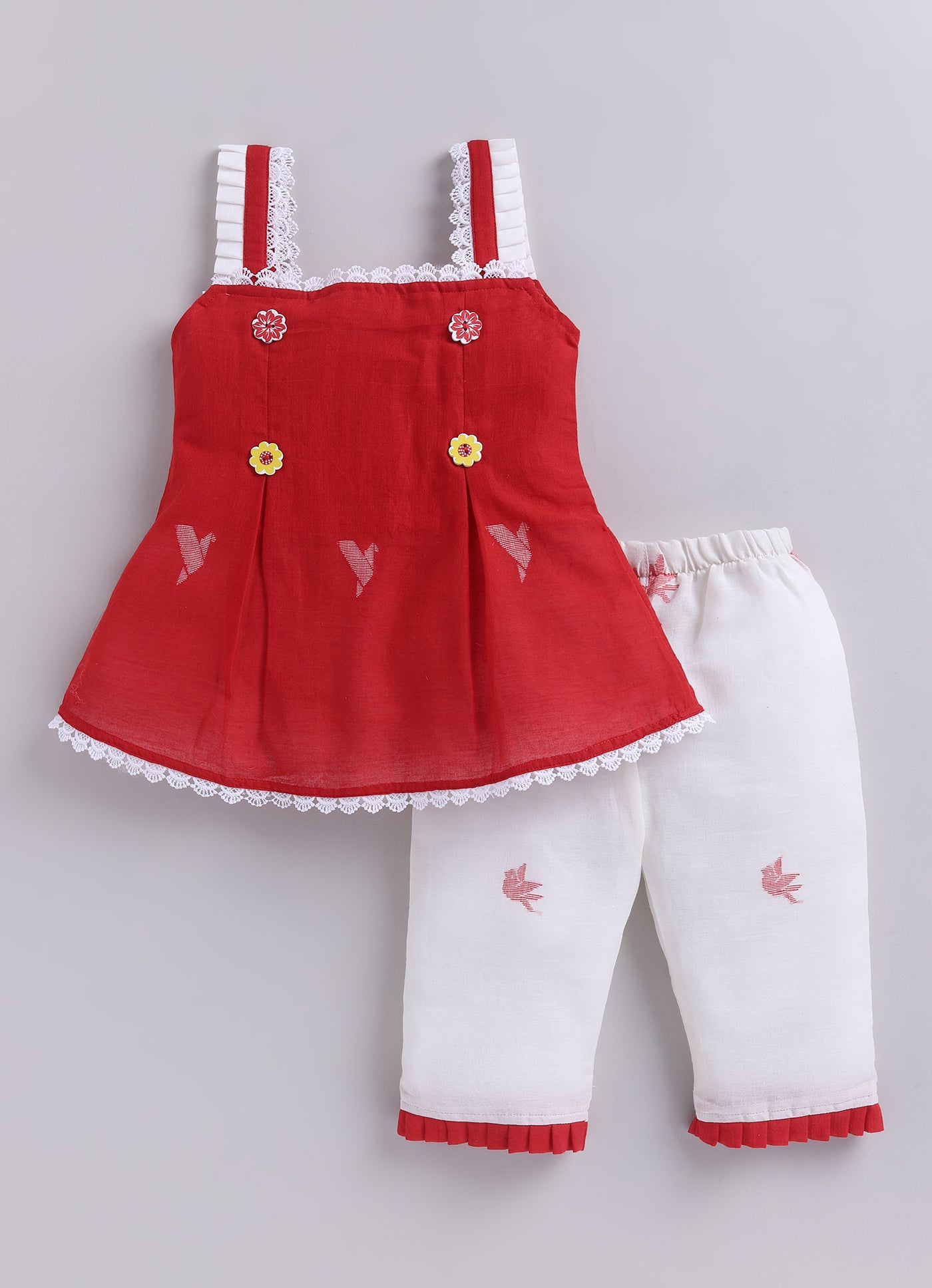 KIDS HANDLOOM JAMDANI CO-ORD SET- RED & WHITE