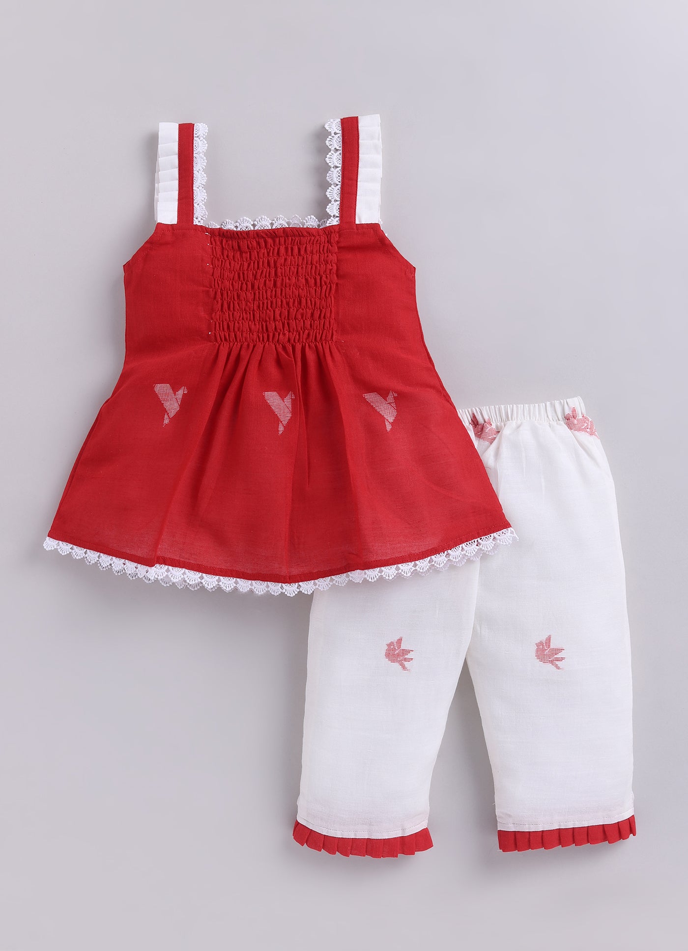 KIDS HANDLOOM JAMDANI CO-ORD SET- RED & WHITE