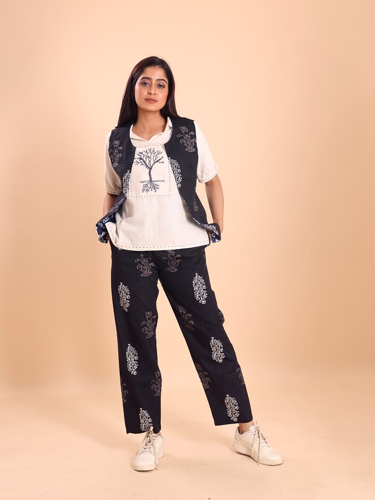 BLOUSON WOMEN COTTON PRINTED SLEEVELESS SHRUG SET