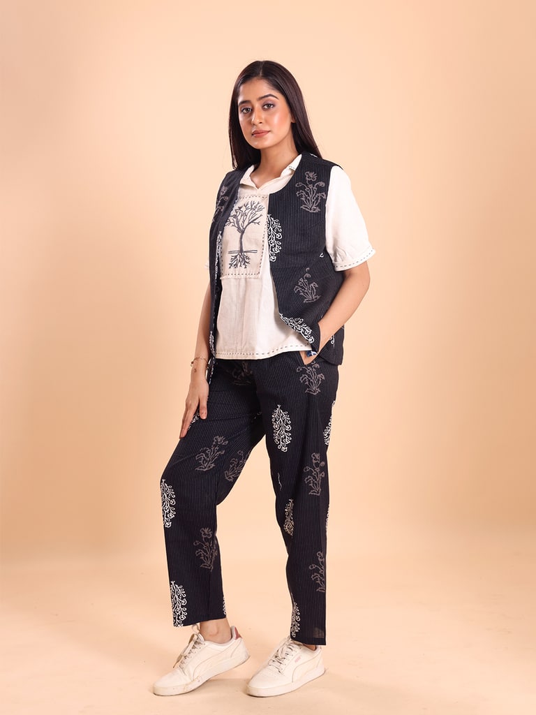 BLOUSON WOMEN COTTON PRINTED SLEEVELESS SHRUG SET