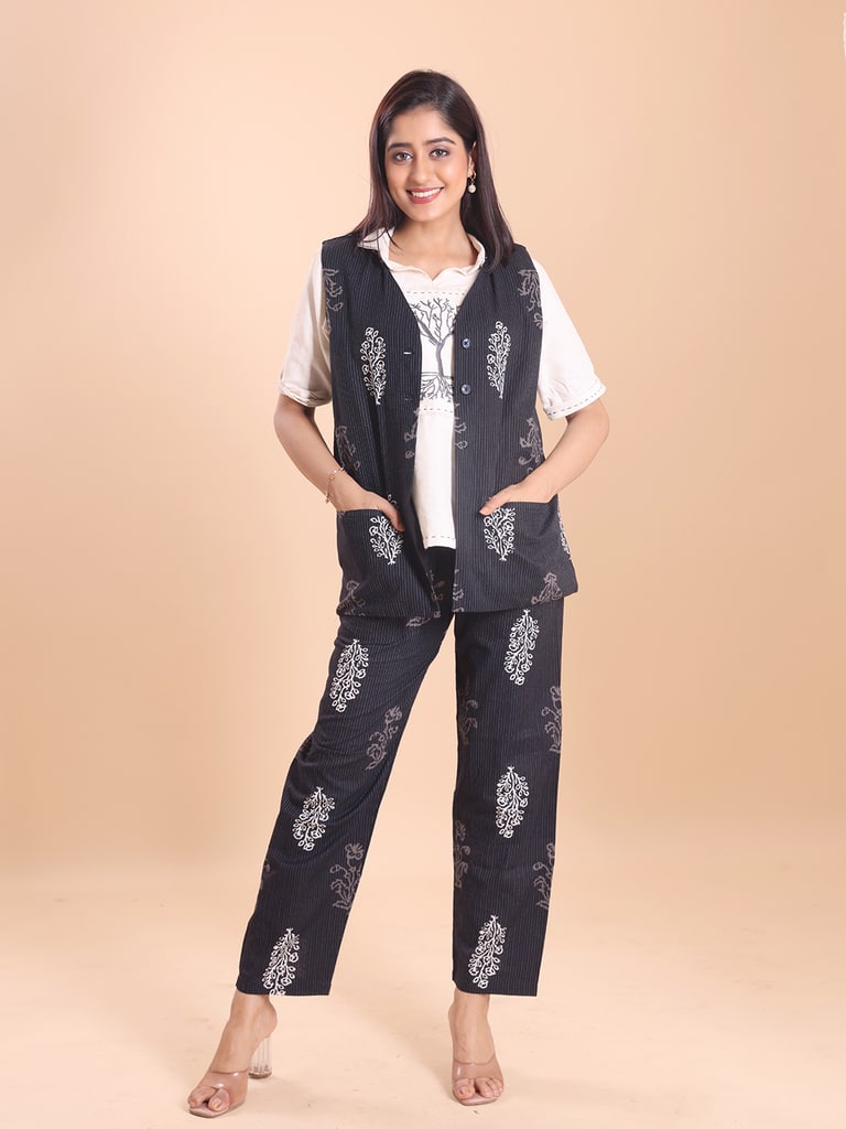 BLOUSON WOMEN COTTON PRINTED SLEEVELESS SHRUG SET