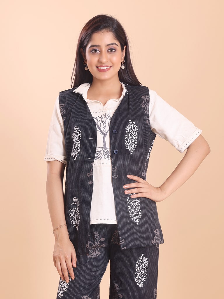 BLOUSON WOMEN COTTON PRINTED SLEEVELESS SHRUG SET