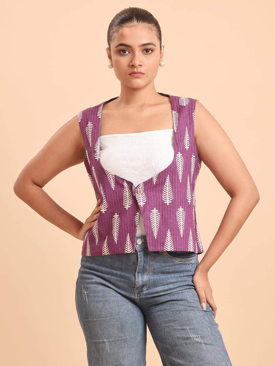Plum Leaf Print Handloom Cotton Jacket Top- Reversible