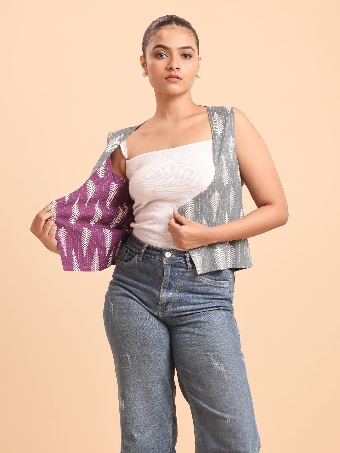 Plum Leaf Print Handloom Cotton Jacket Top- Reversible