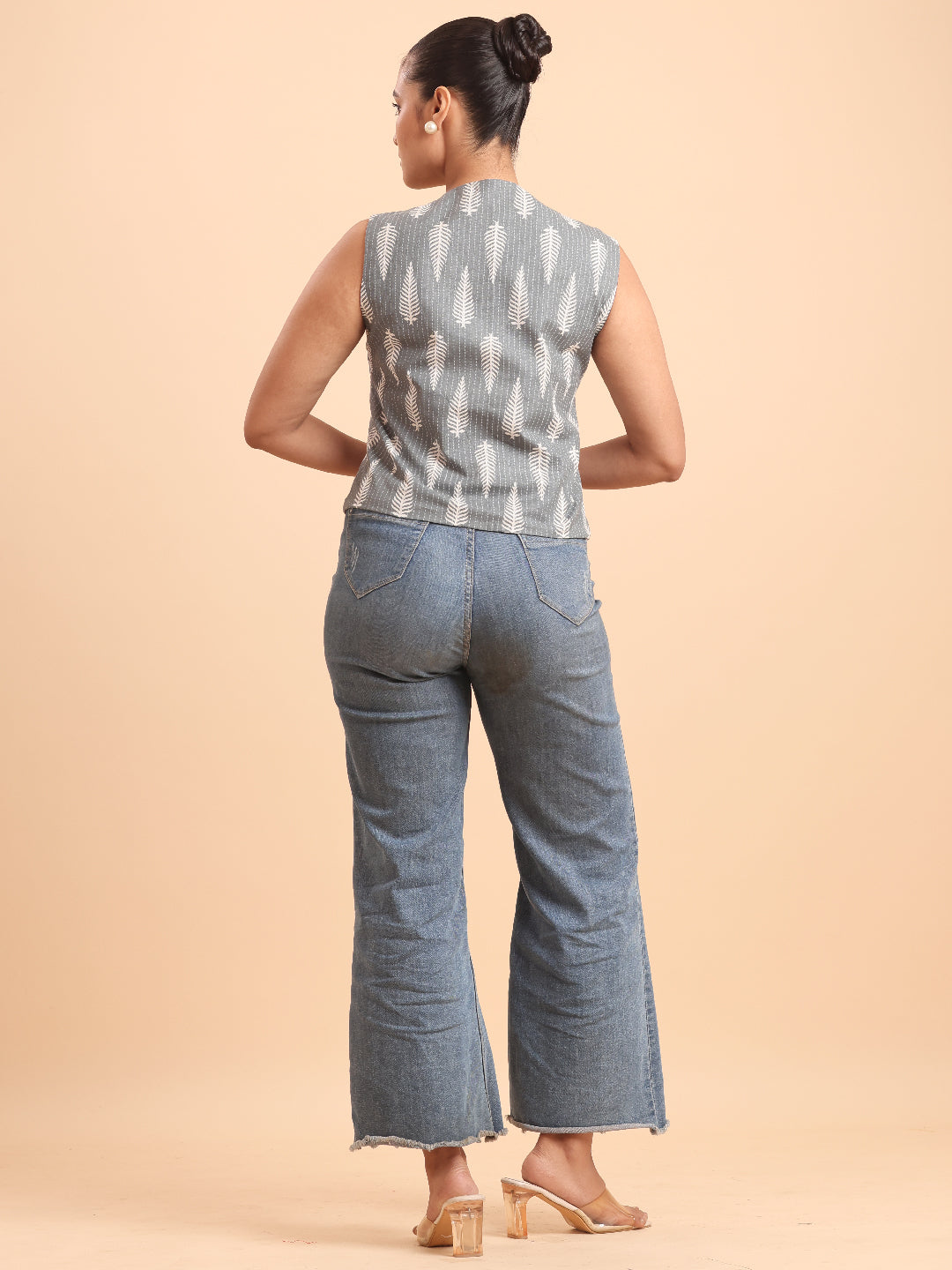 Plum Leaf Print Handloom Cotton Jacket Top- Reversible