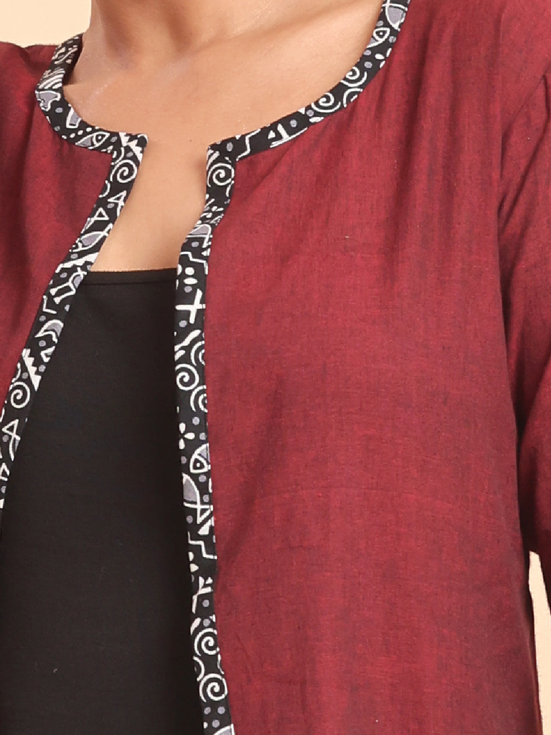 SOLID COTTON INDO-WESTERN OPEN SHRUG-MAROON