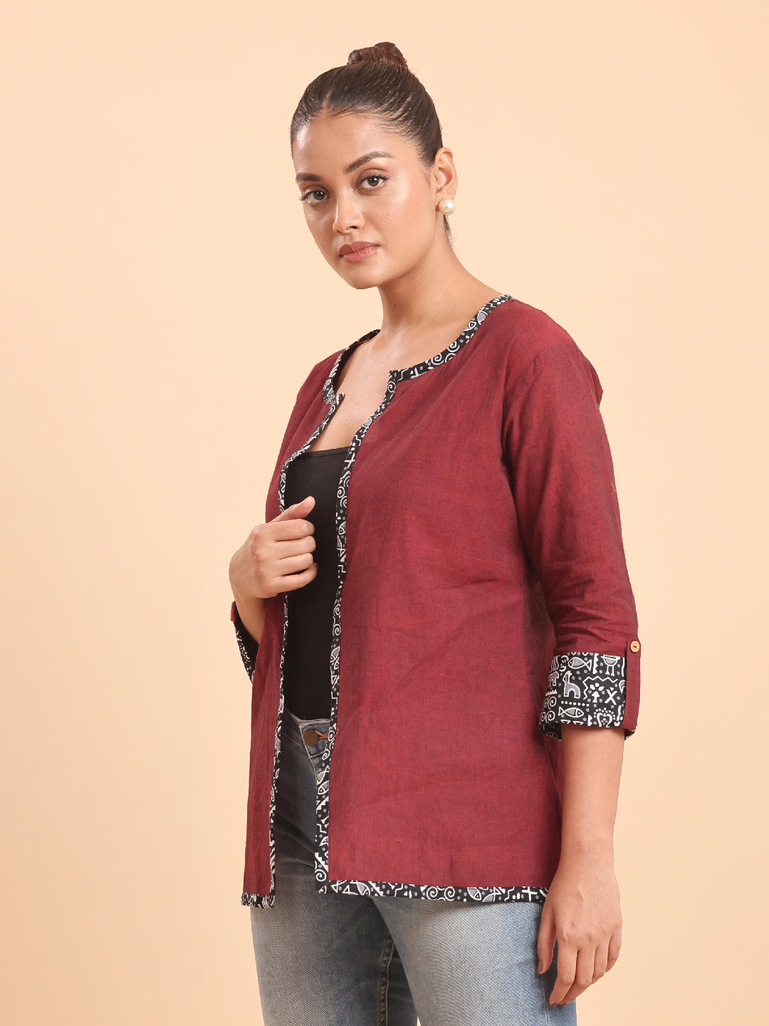 SOLID COTTON INDO-WESTERN OPEN SHRUG-MAROON