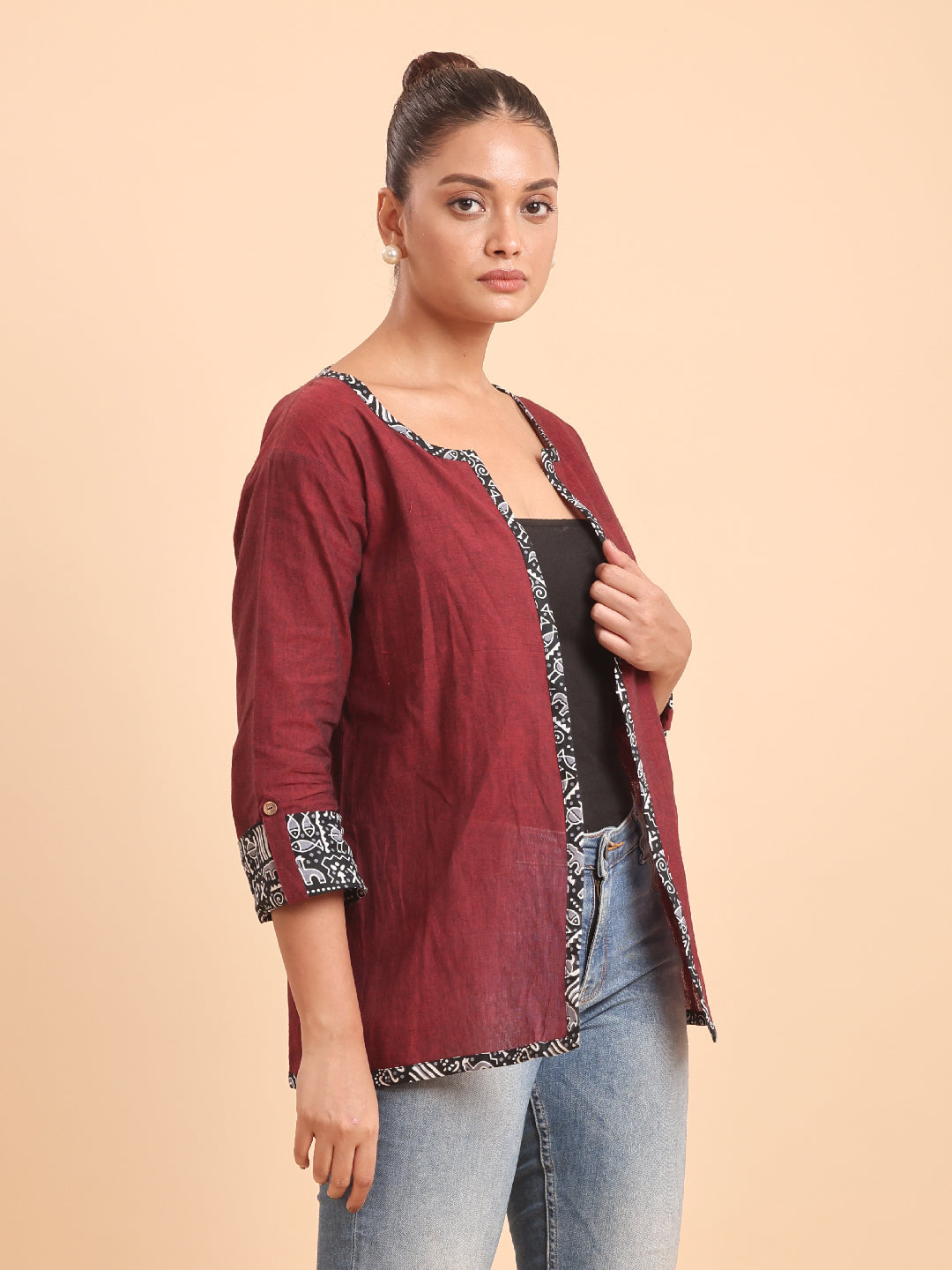 SOLID COTTON INDO-WESTERN OPEN SHRUG-MAROON