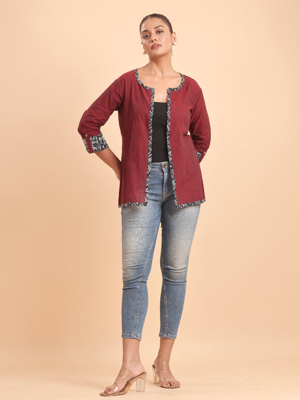 SOLID COTTON INDO-WESTERN OPEN SHRUG-MAROON