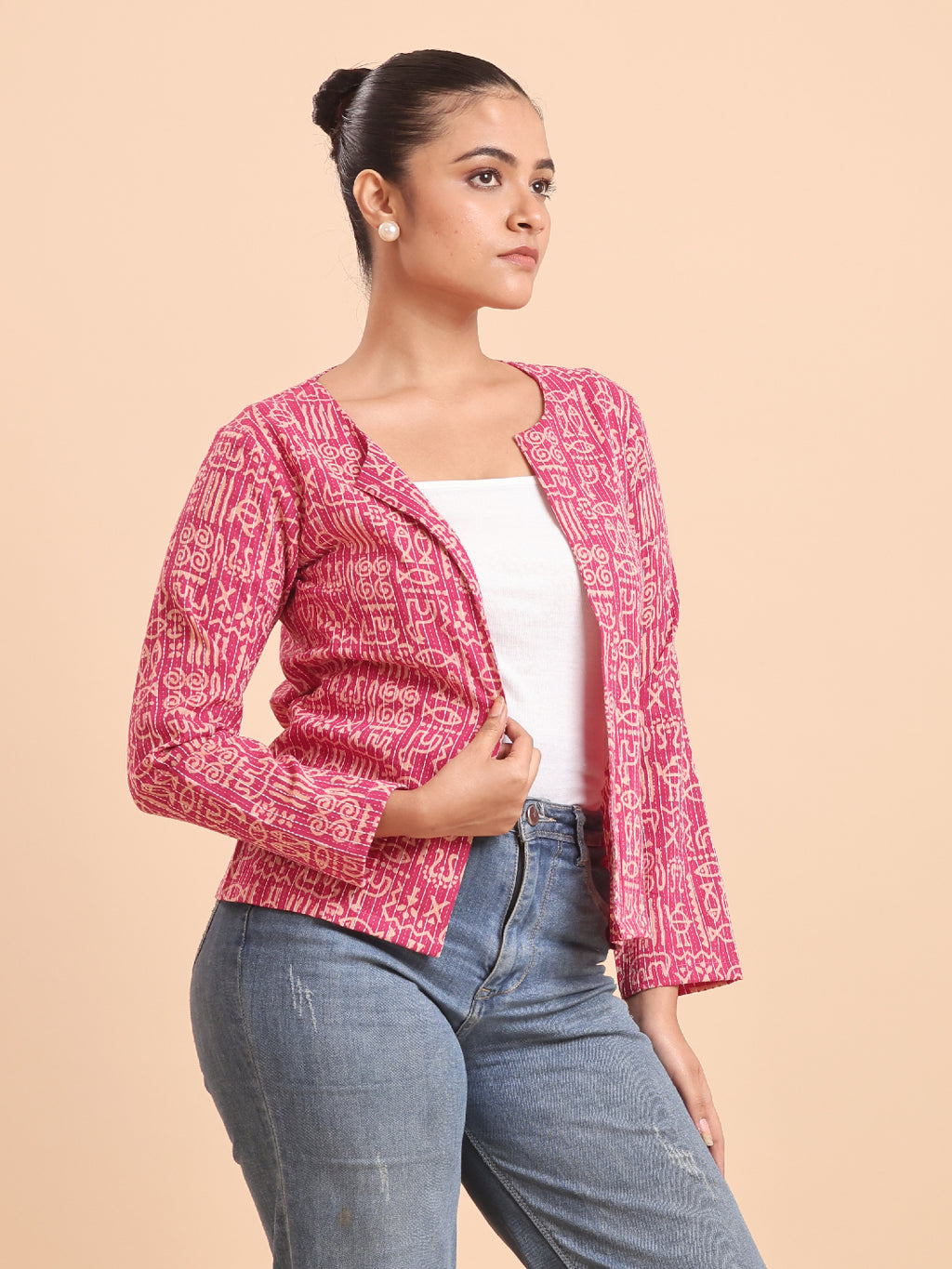 BLOUSON WOMEN COTTON PRINTED SHRUG-PINK