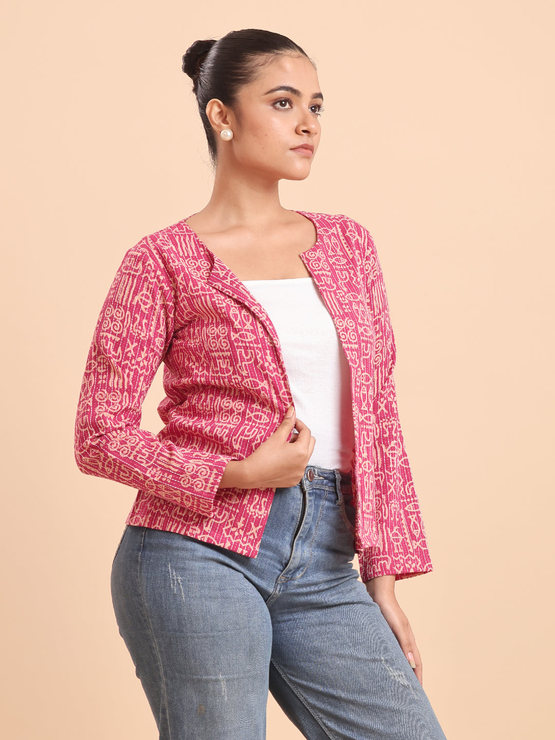 BLOUSON WOMEN COTTON PRINTED SHRUG-PINK