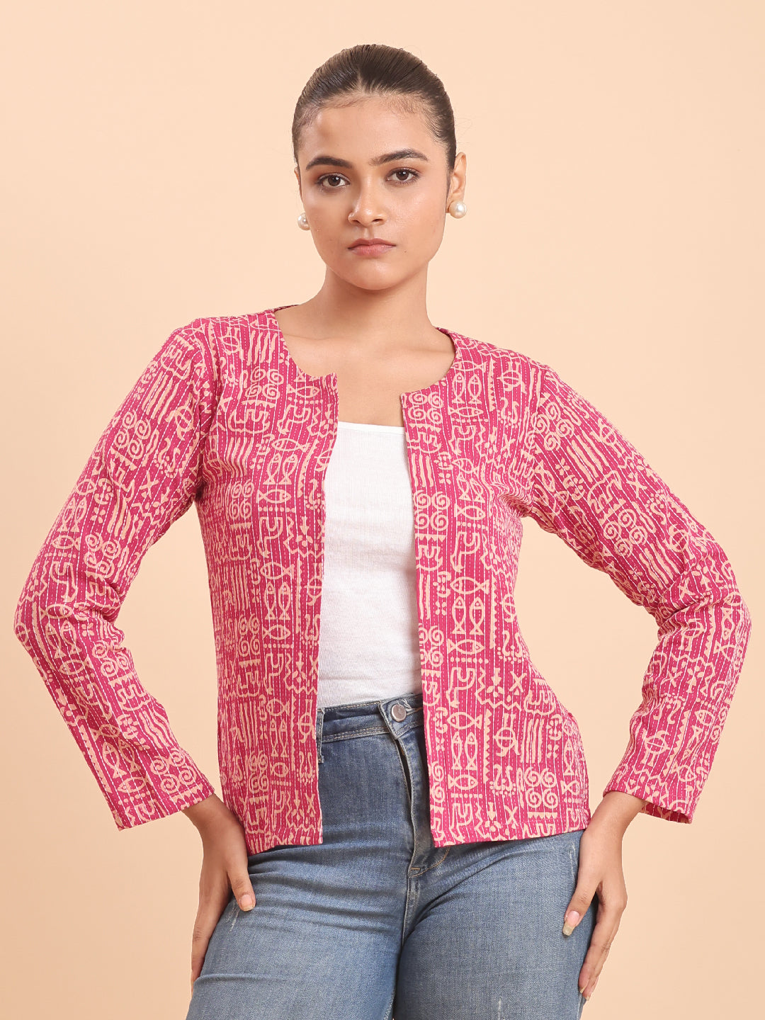 BLOUSON WOMEN COTTON PRINTED SHRUG-PINK