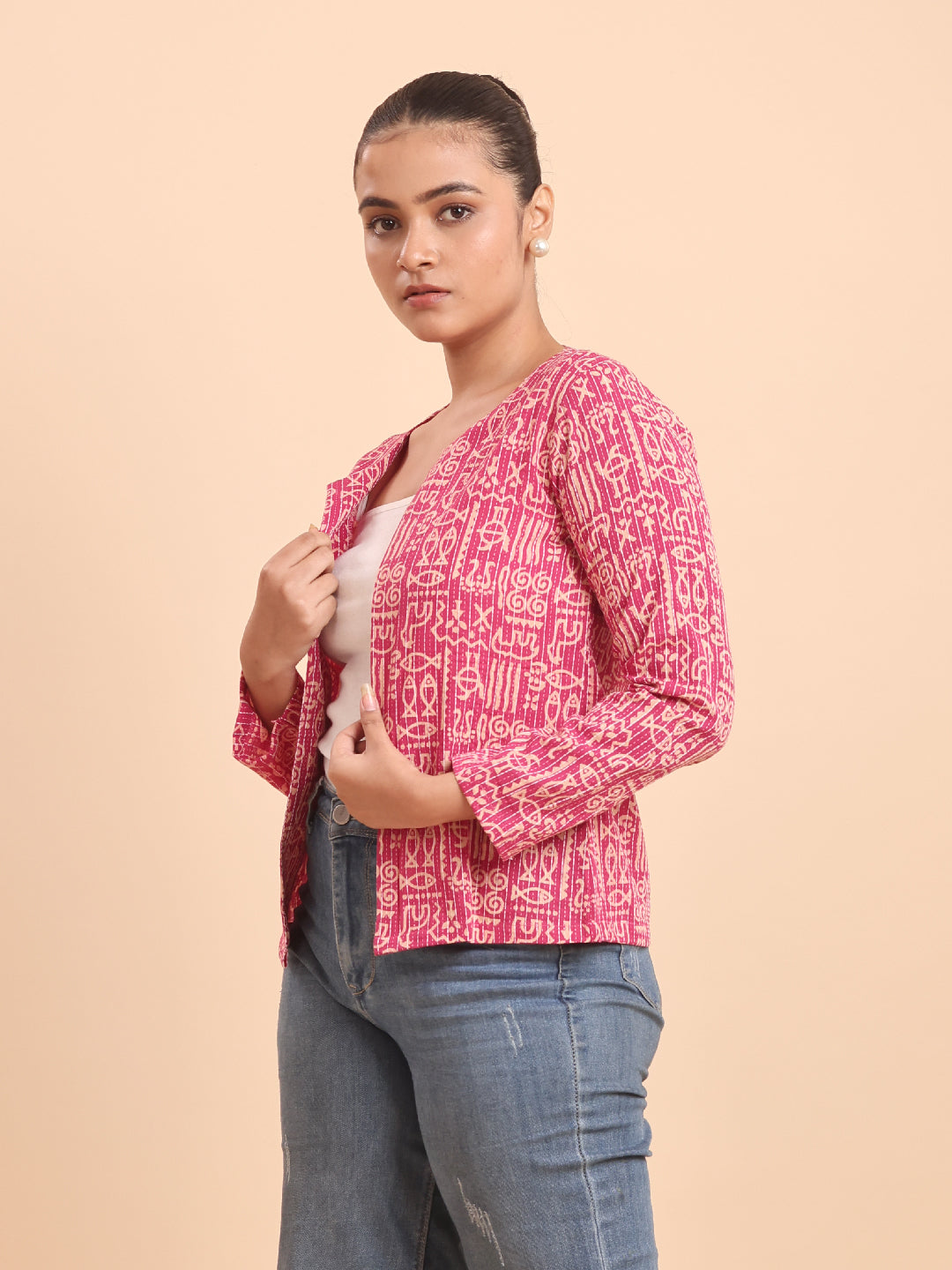 BLOUSON WOMEN COTTON PRINTED SHRUG-PINK