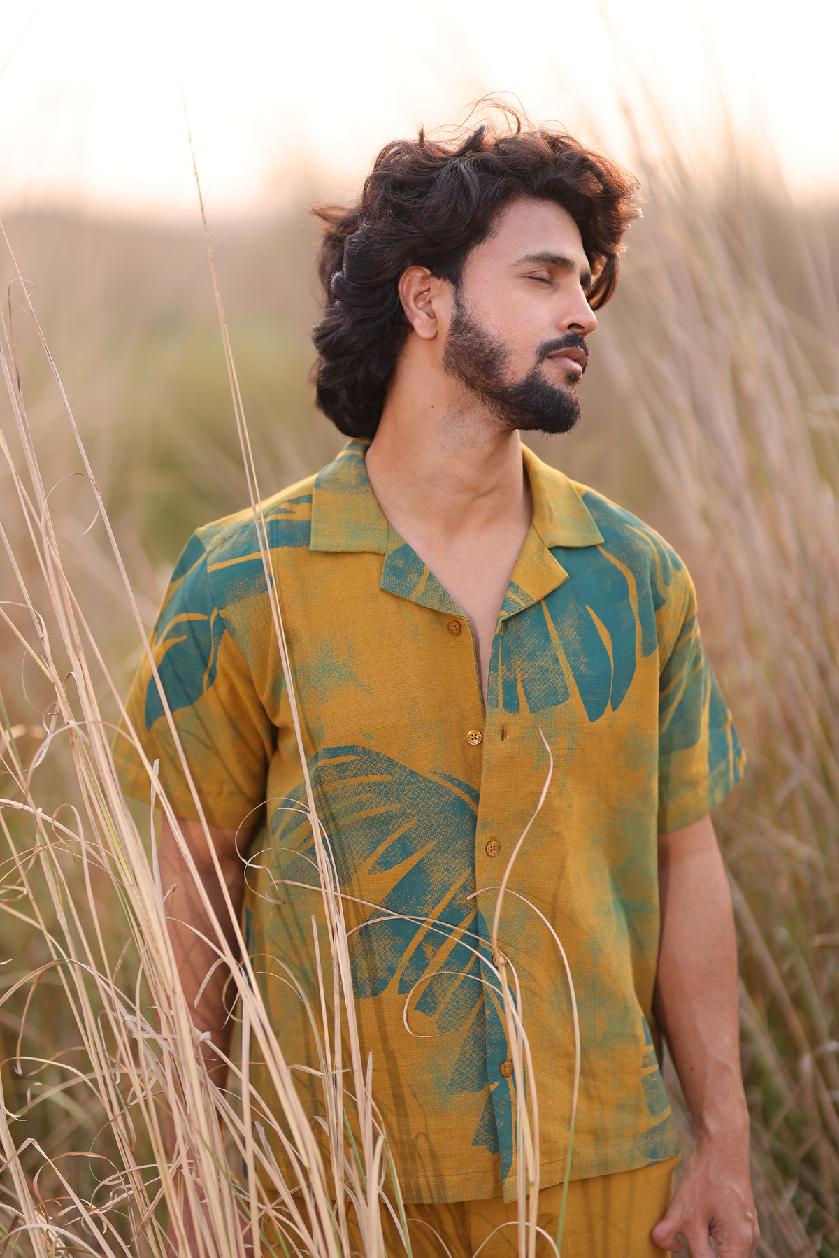 Men's handspun cotton shirt with mustard and teal print