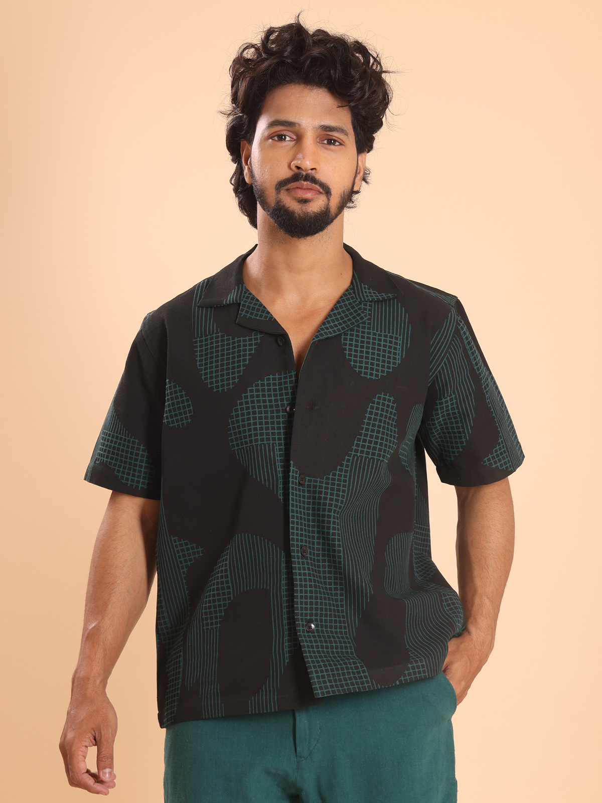 Men's handspun cotton shirt with teal geometric print