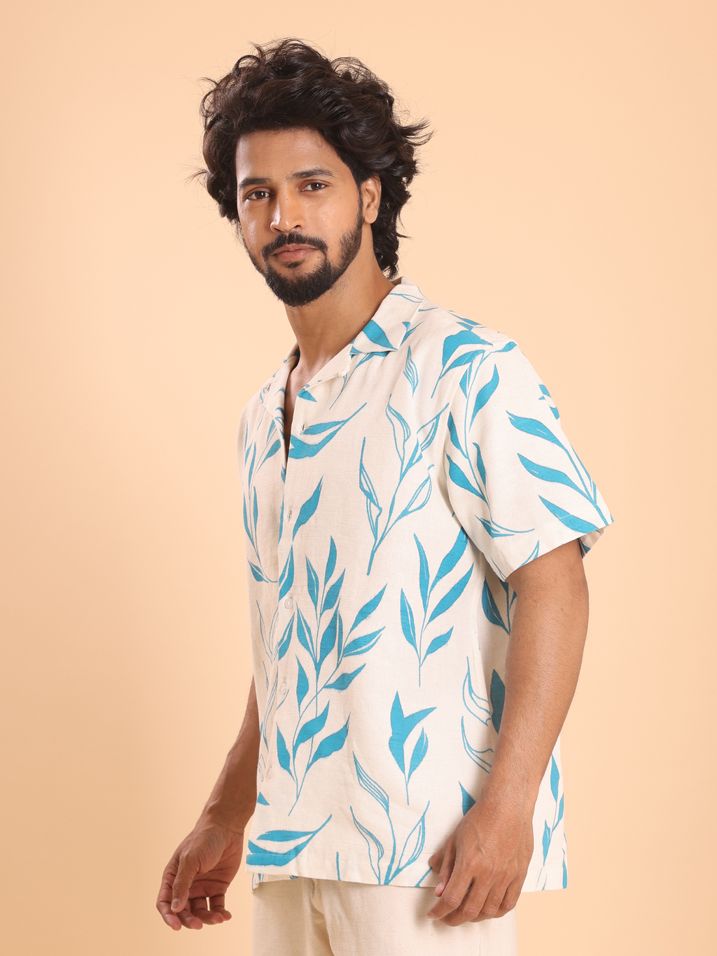 Men's blue leaf print cotton casual shirt side view