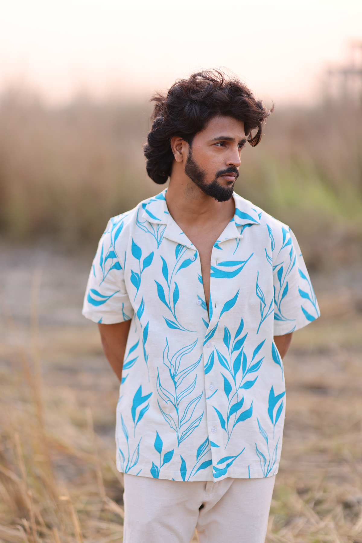 Men's handspun cotton shirt with blue leaf print