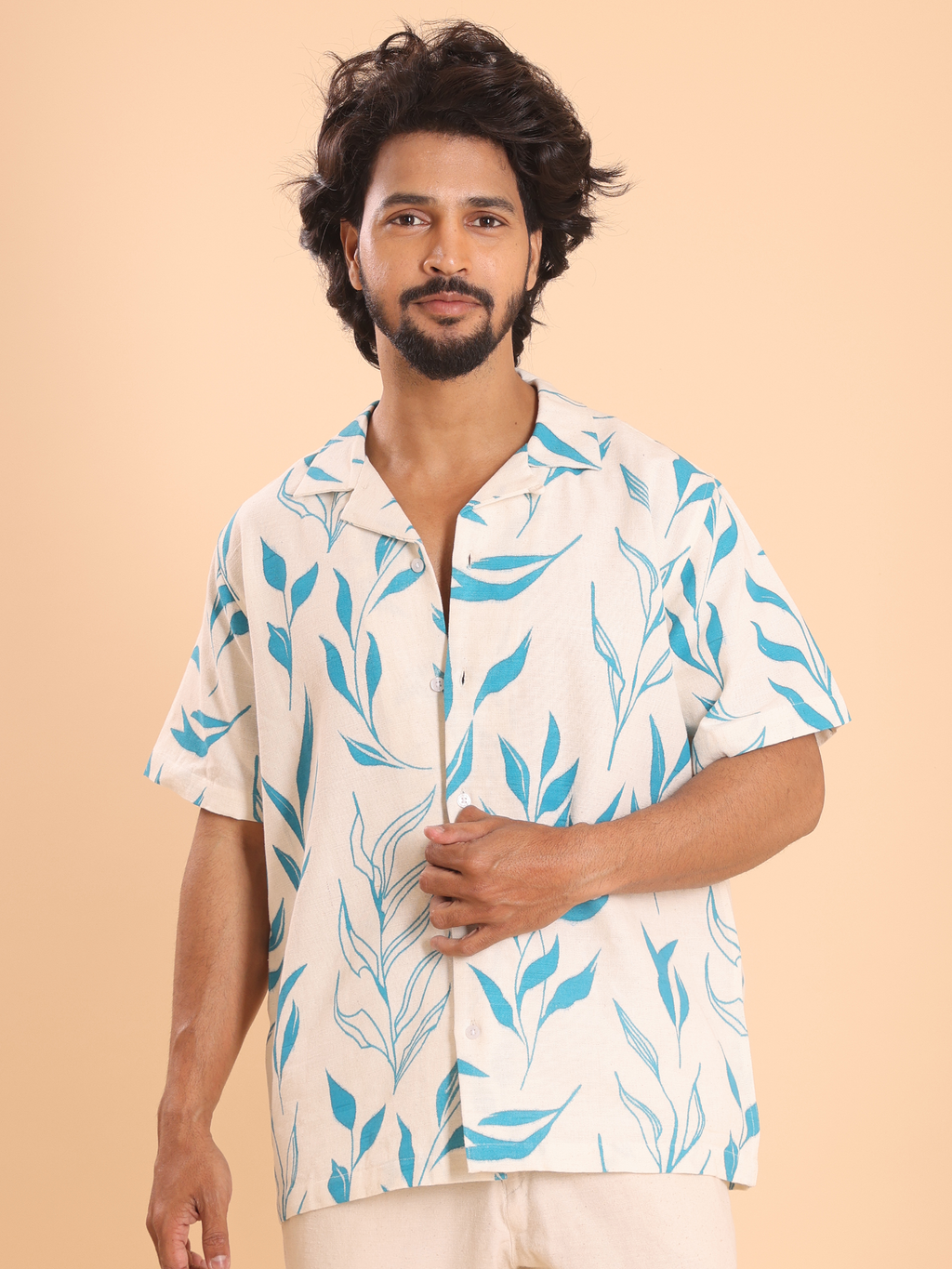 Men's handspun cotton casual half shirt front view