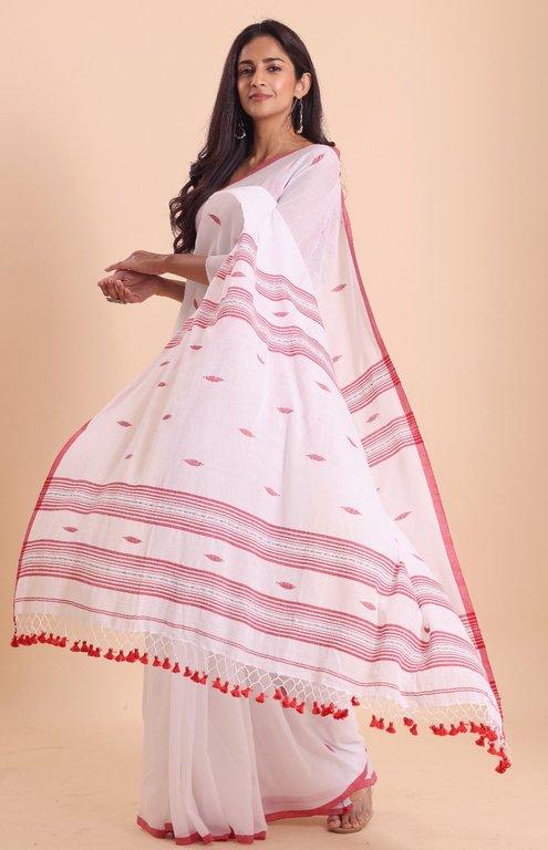 Handloom malmal buti Jamdani saree-Off White