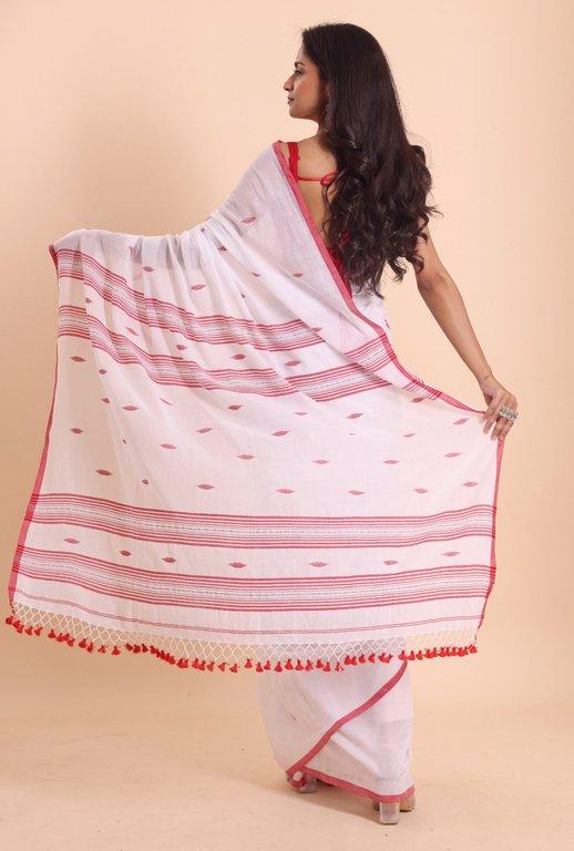 Handloom malmal buti Jamdani saree-Off White