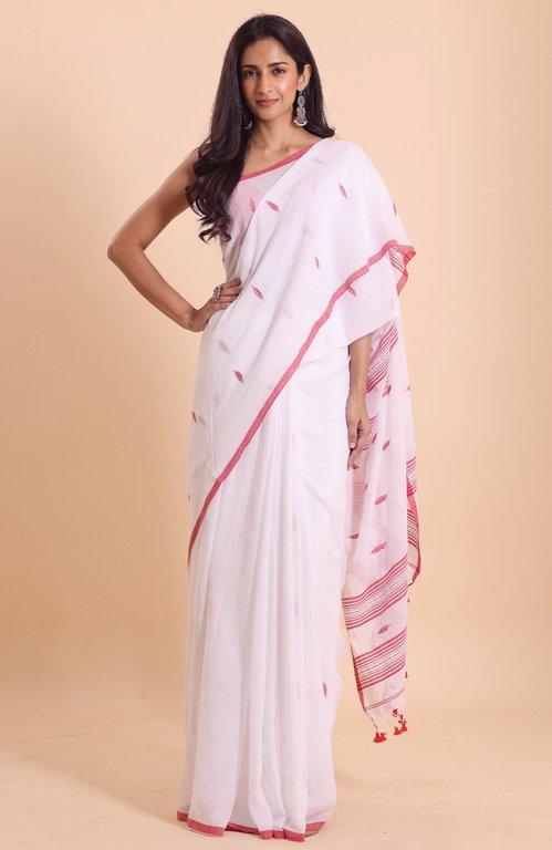 Handloom malmal buti Jamdani saree-Off White