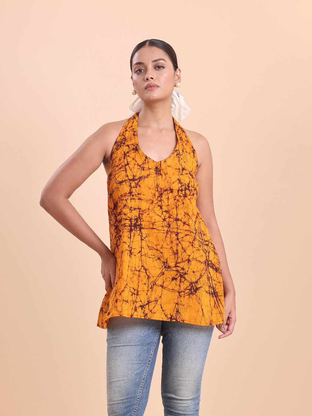 BLOUSON WOMEN COTTON BATIK A-LINE SHORT KURTI- BURNT ORANGE