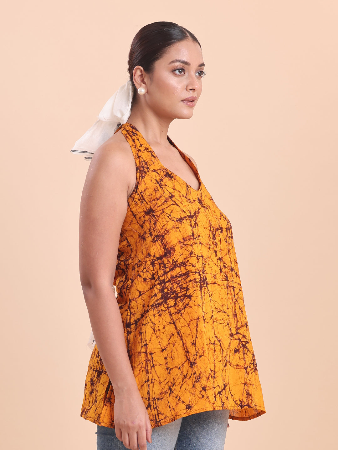 BLOUSON WOMEN COTTON BATIK A-LINE SHORT KURTI- BURNT ORANGE