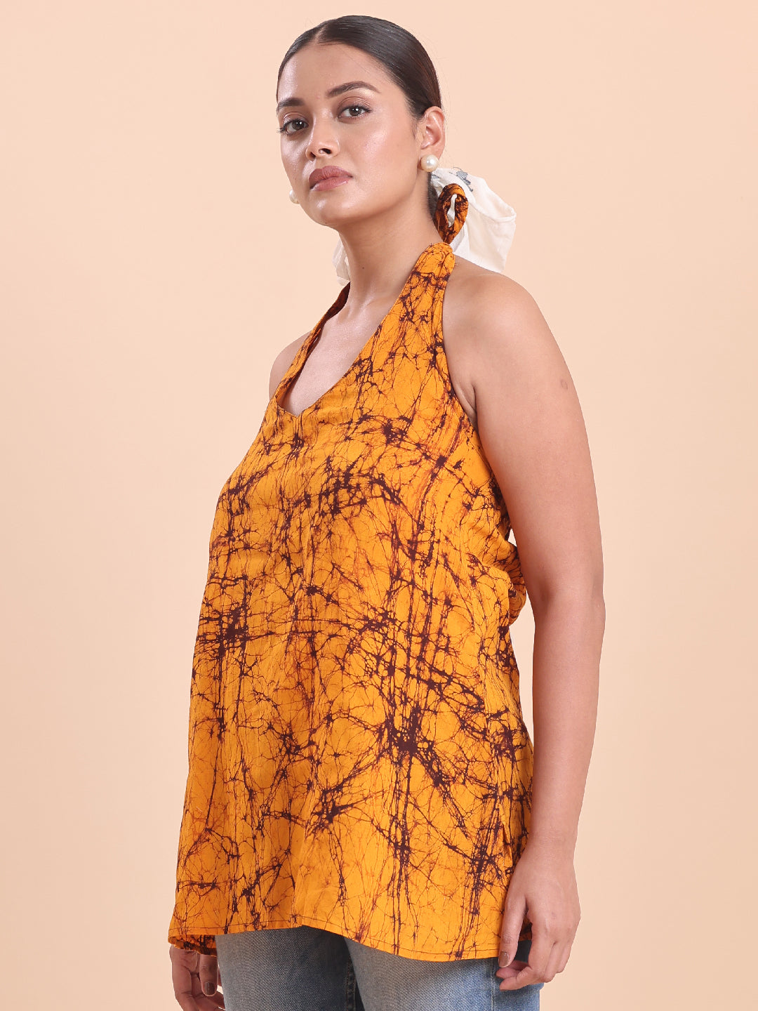 BLOUSON WOMEN COTTON BATIK A-LINE SHORT KURTI- BURNT ORANGE