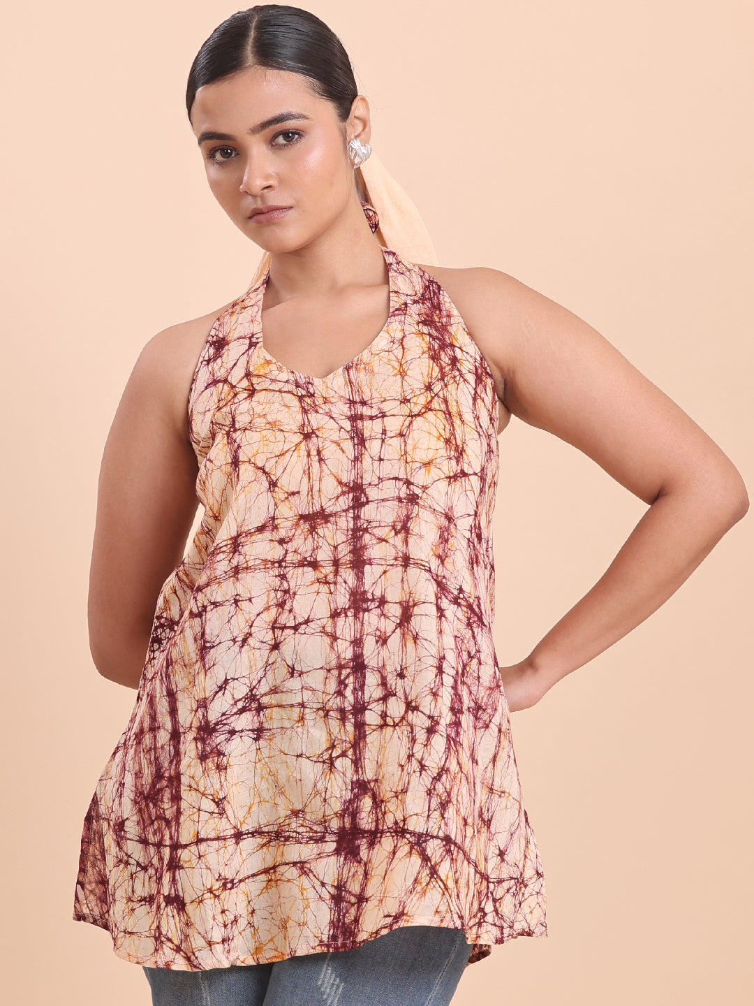 BLOUSON WOMEN COTTON BATIK A-LINE SHORT KURTI- EARTHY BURGANDY