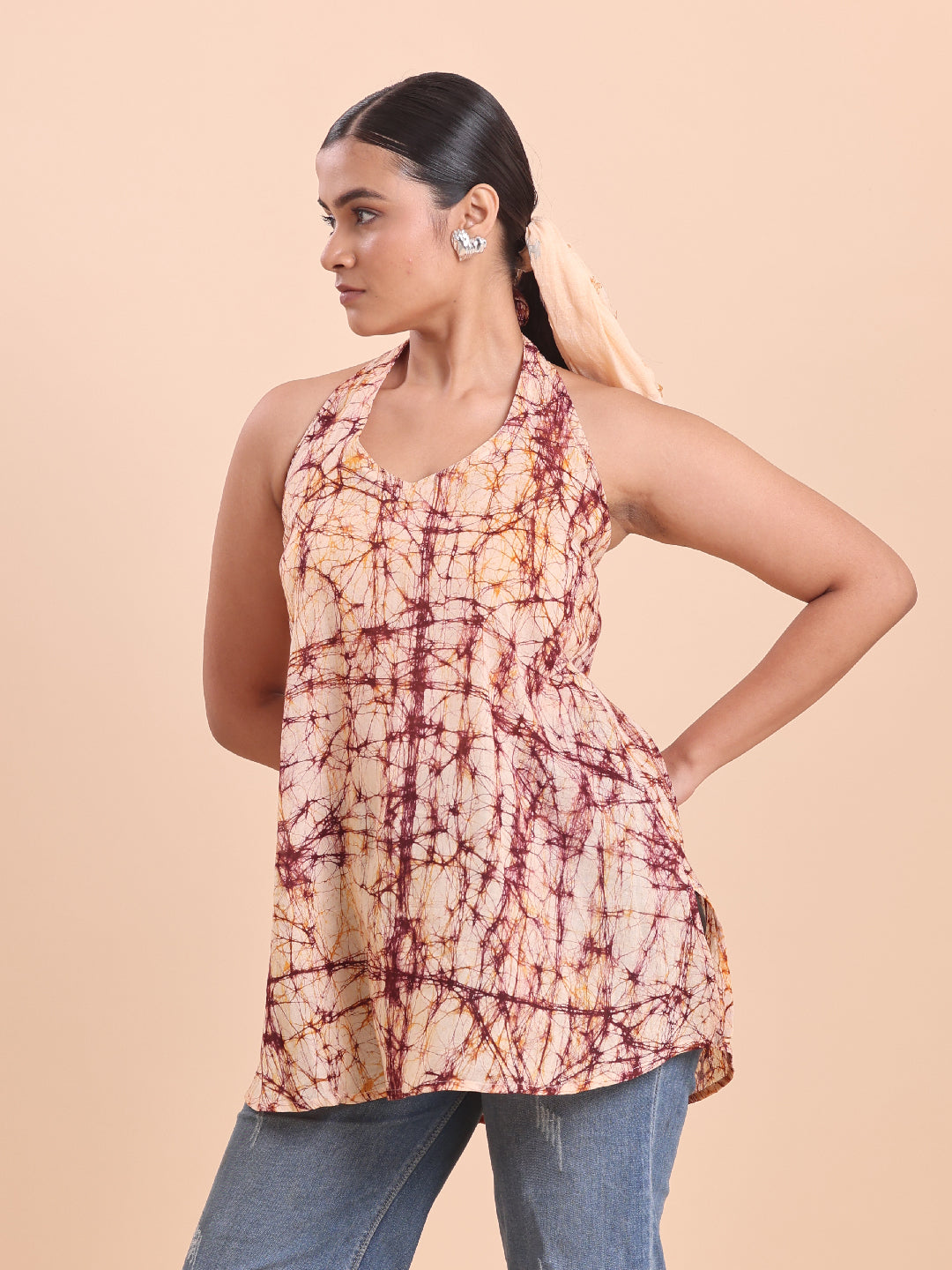 BLOUSON WOMEN COTTON BATIK A-LINE SHORT KURTI- EARTHY BURGANDY