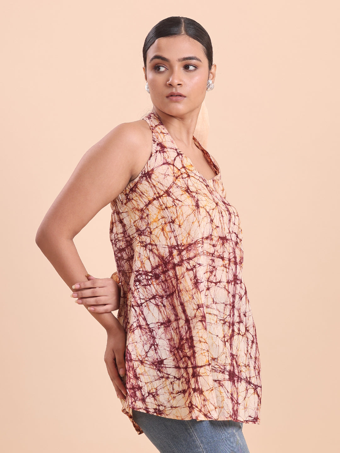 BLOUSON WOMEN COTTON BATIK A-LINE SHORT KURTI- EARTHY BURGANDY