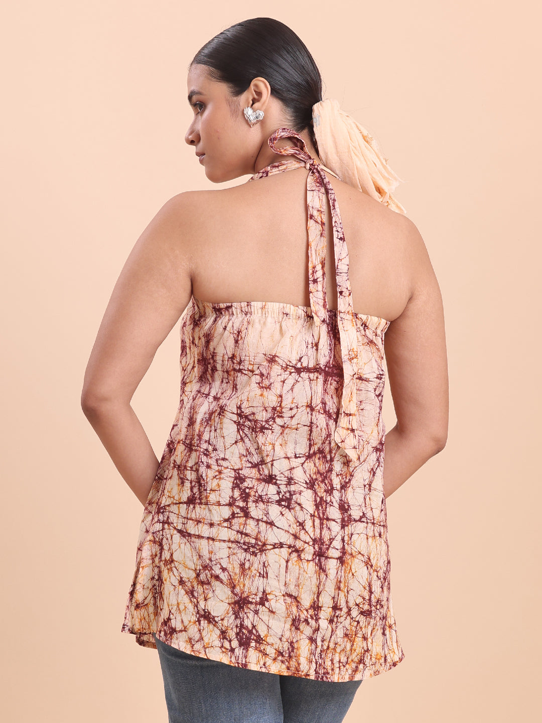 BLOUSON WOMEN COTTON BATIK A-LINE SHORT KURTI- EARTHY BURGANDY