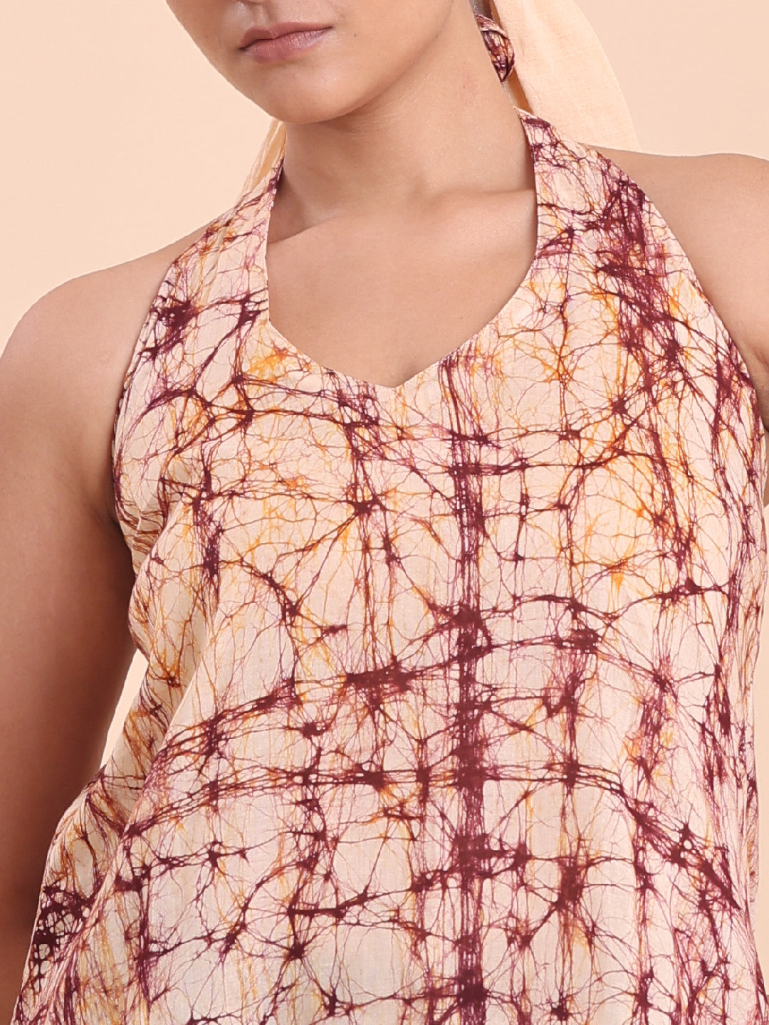 BLOUSON WOMEN COTTON BATIK A-LINE SHORT KURTI- EARTHY BURGANDY