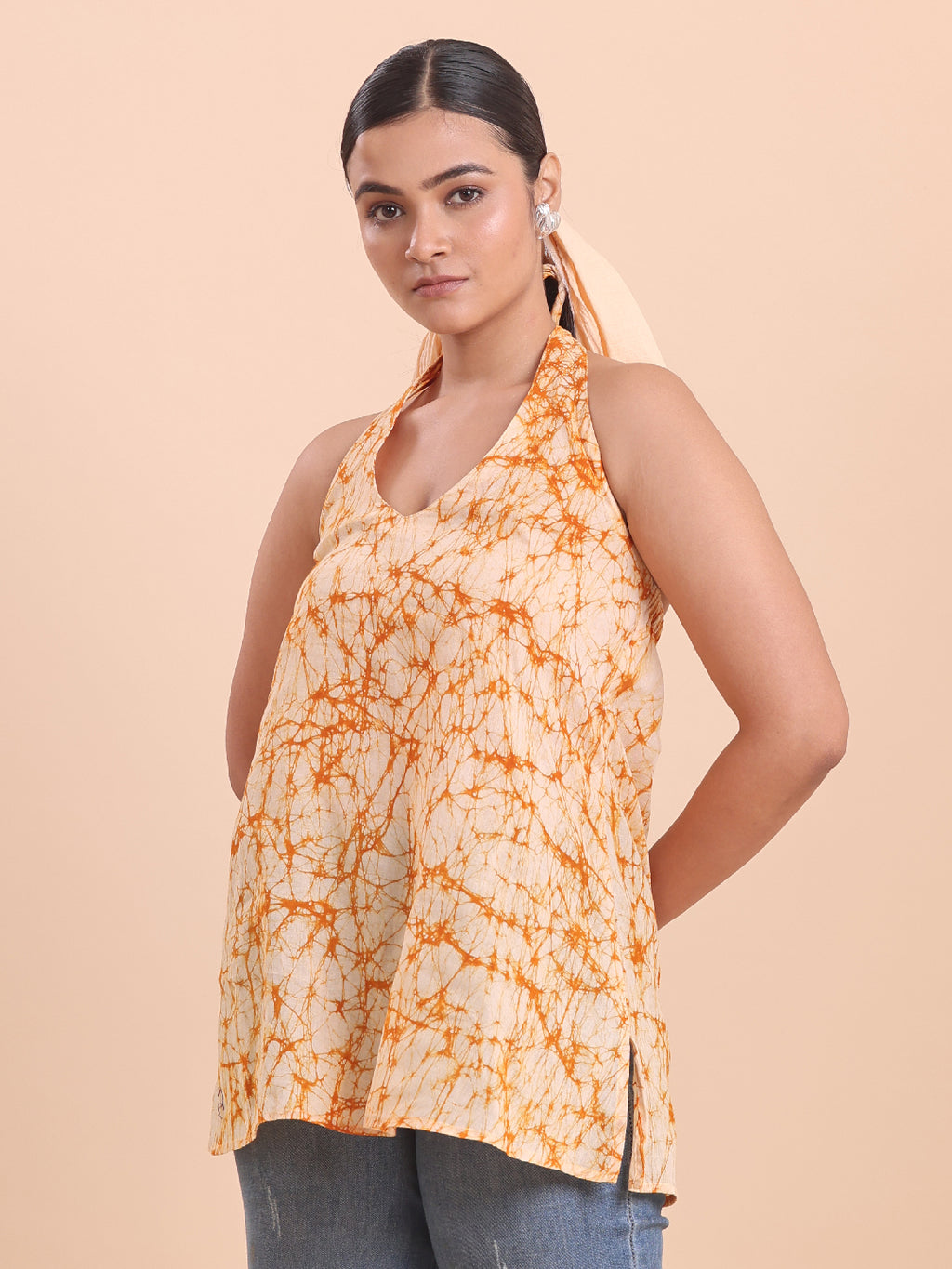 BLOUSON WOMEN COTTON BATIK A-LINE SHORT KURTI- Vanilla and Orange
