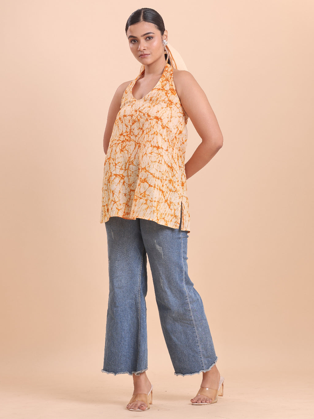 BLOUSON WOMEN COTTON BATIK A-LINE SHORT KURTI- Vanilla and Orange