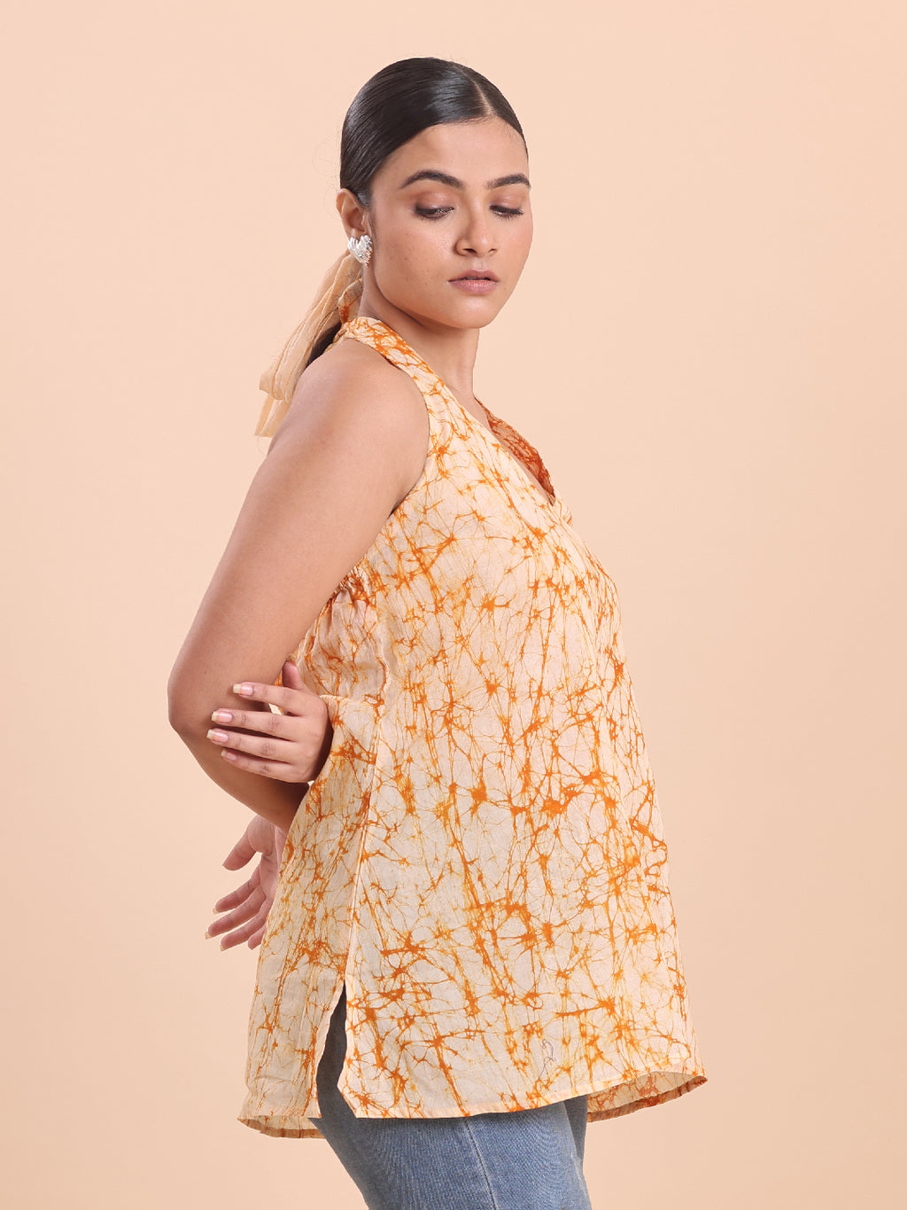 BLOUSON WOMEN COTTON BATIK A-LINE SHORT KURTI- Vanilla and Orange