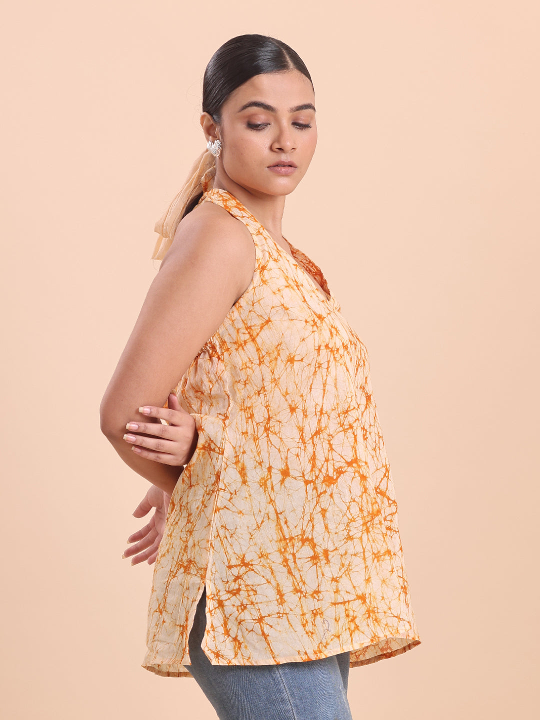 BLOUSON WOMEN COTTON BATIK A-LINE SHORT KURTI- Vanilla and Orange