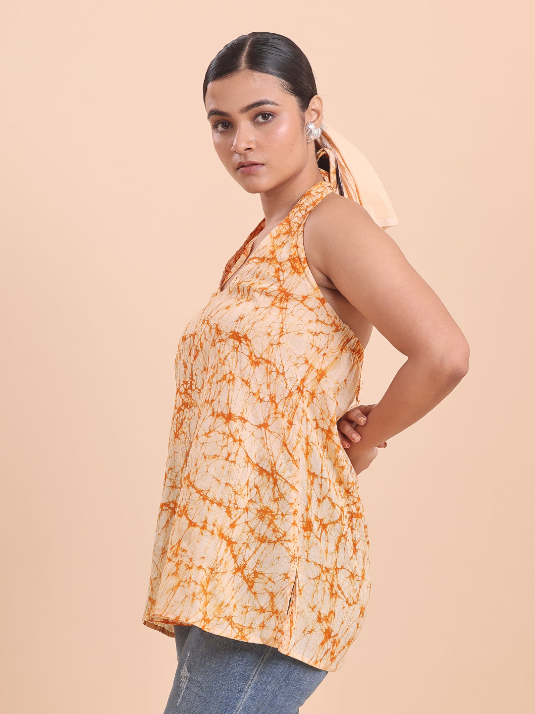 BLOUSON WOMEN COTTON BATIK A-LINE SHORT KURTI- Vanilla and Orange