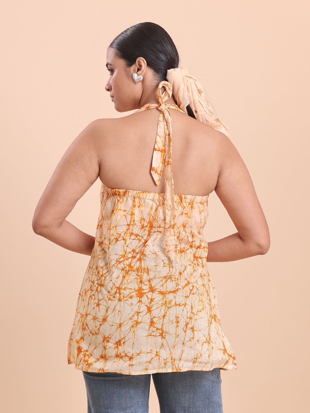 BLOUSON WOMEN COTTON BATIK A-LINE SHORT KURTI- Vanilla and Orange