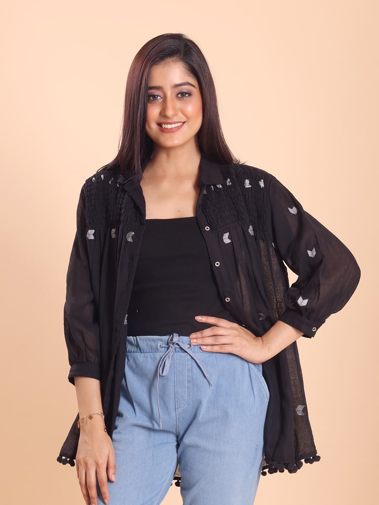 BLOUSON WOMEN JAMDANI COTTON SHIRRED SHIRT