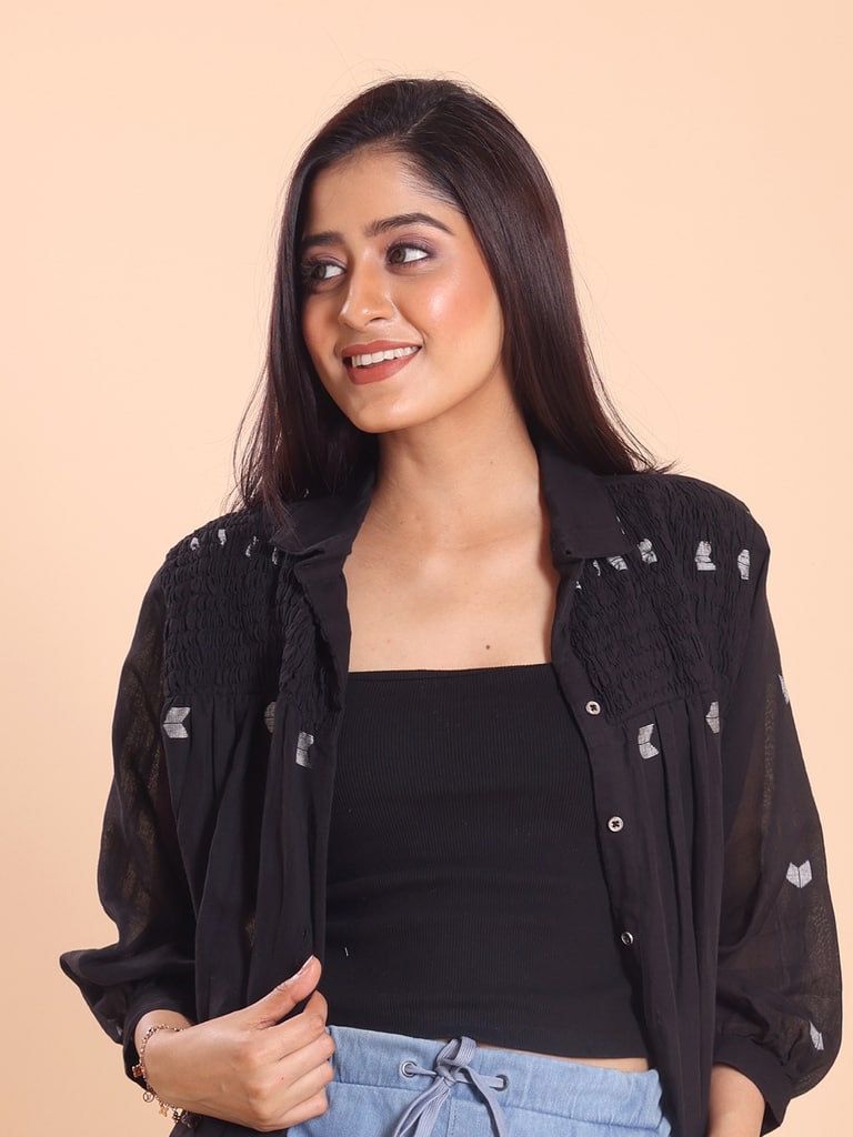 BLOUSON WOMEN JAMDANI COTTON SHIRRED SHIRT