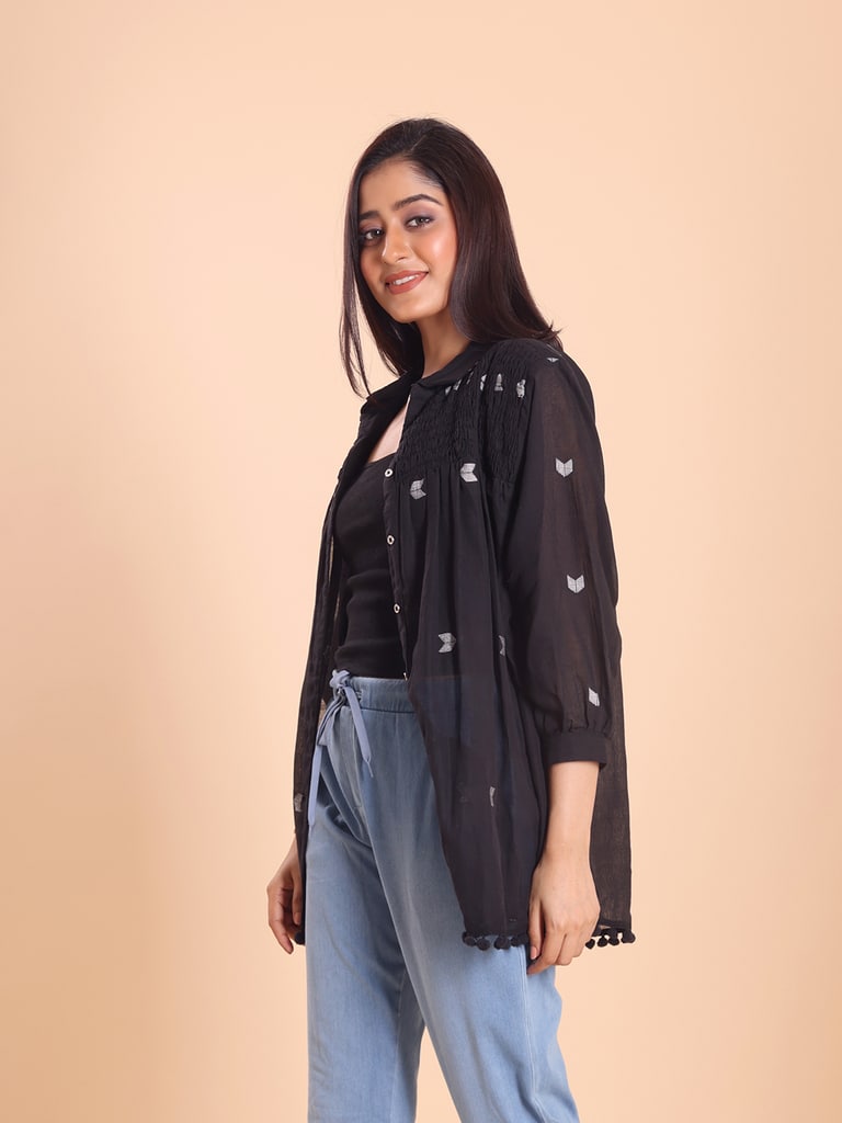 BLOUSON WOMEN JAMDANI COTTON SHIRRED SHIRT