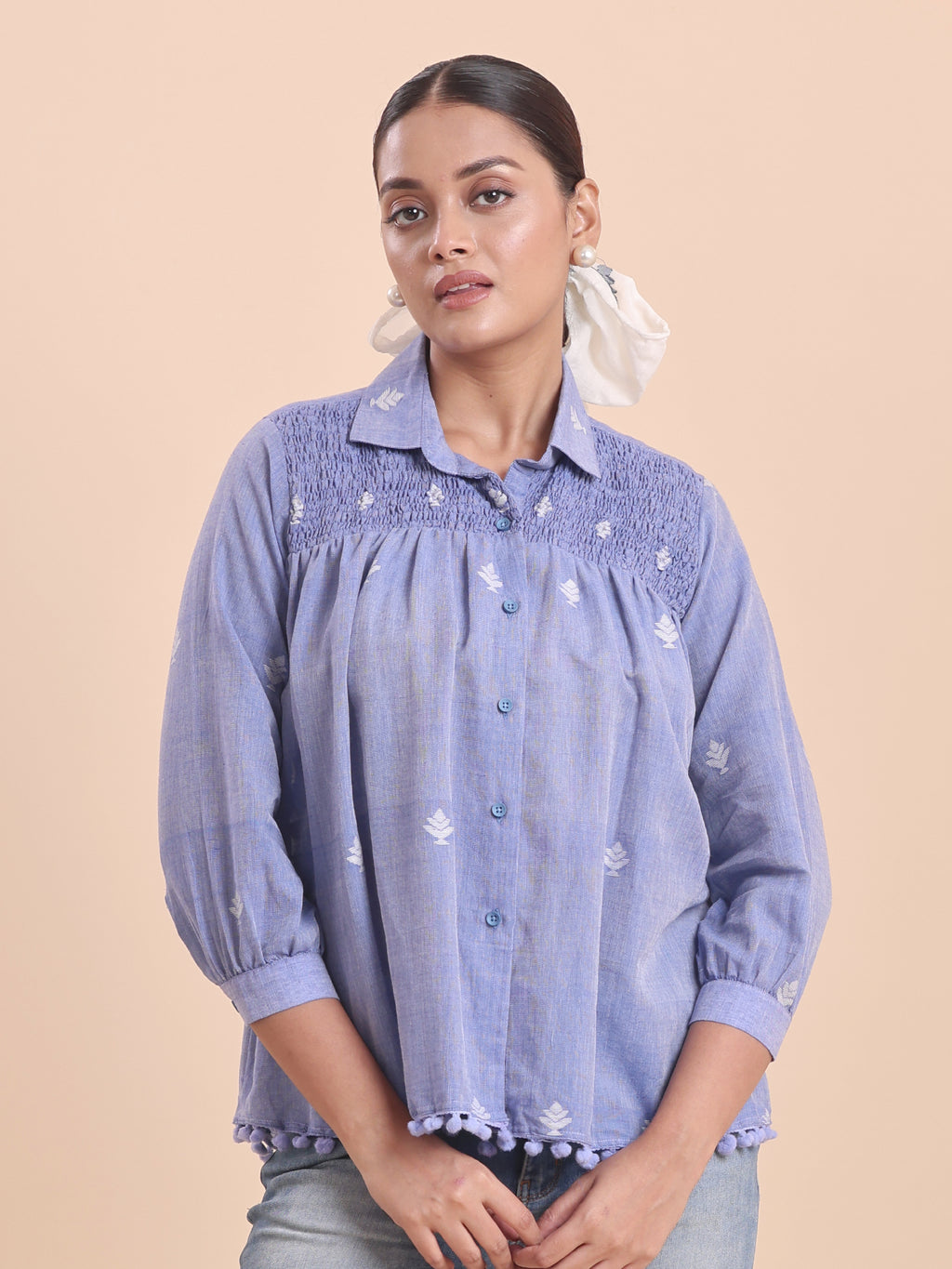 COTTON JAMDANI SHIRRED SHIRT-BLUE