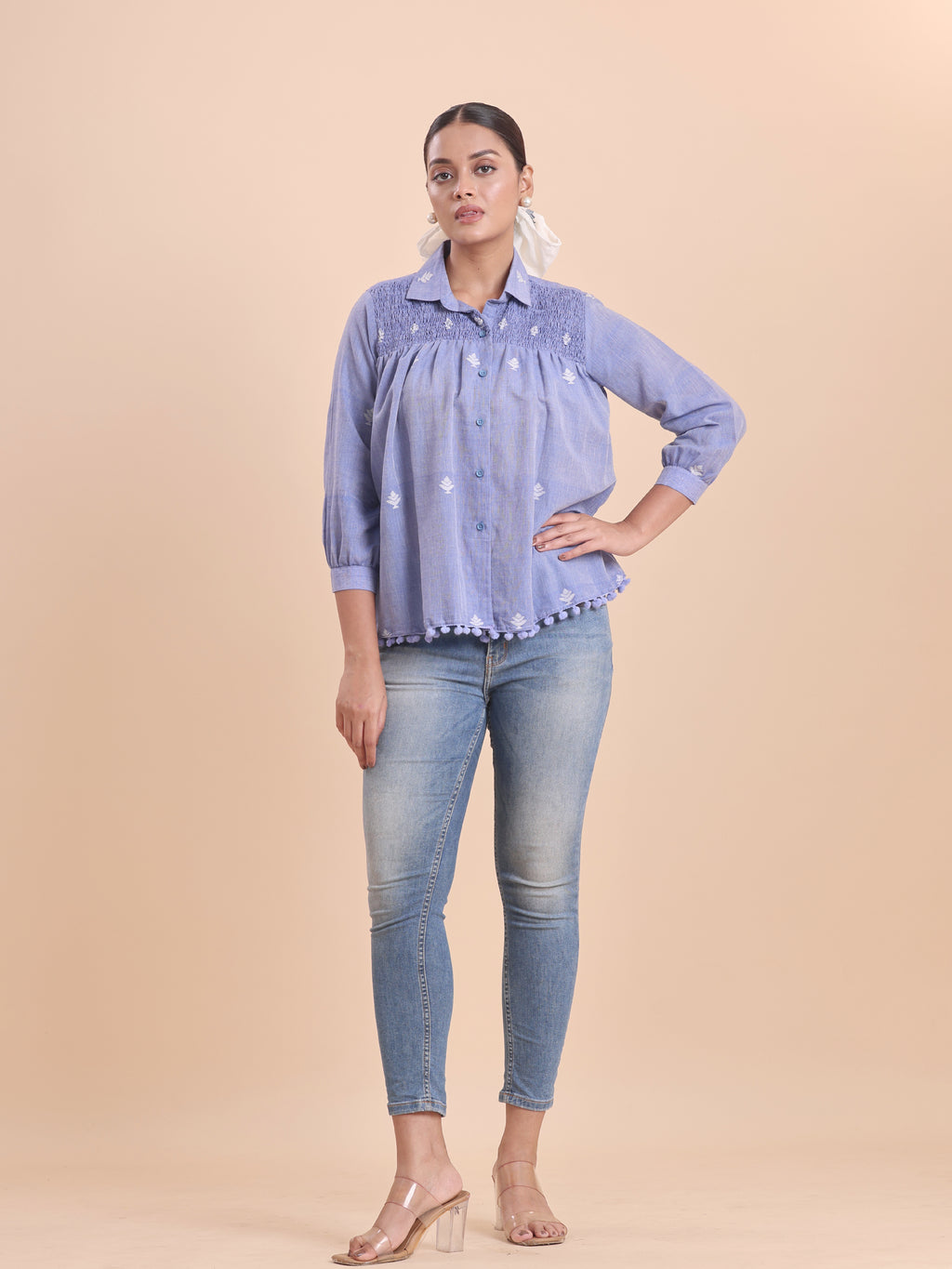 COTTON JAMDANI SHIRRED SHIRT-BLUE