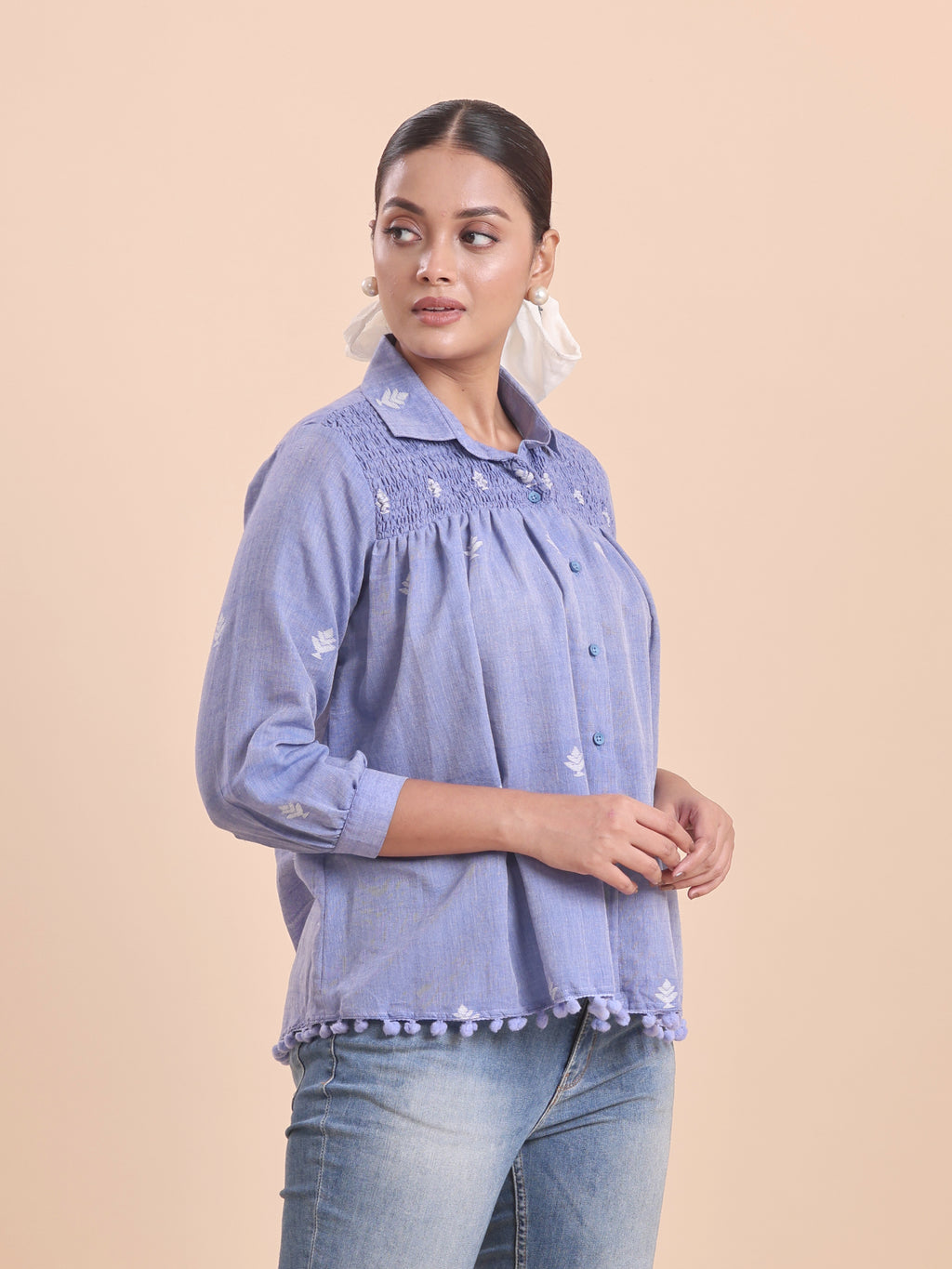 COTTON JAMDANI SHIRRED SHIRT-BLUE