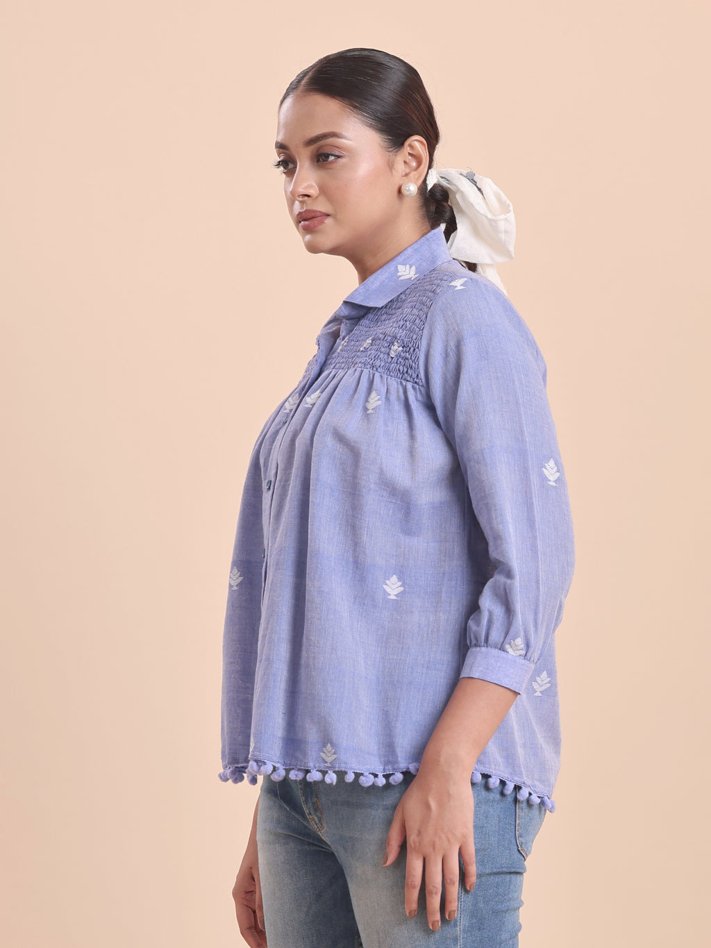 COTTON JAMDANI SHIRRED SHIRT-BLUE