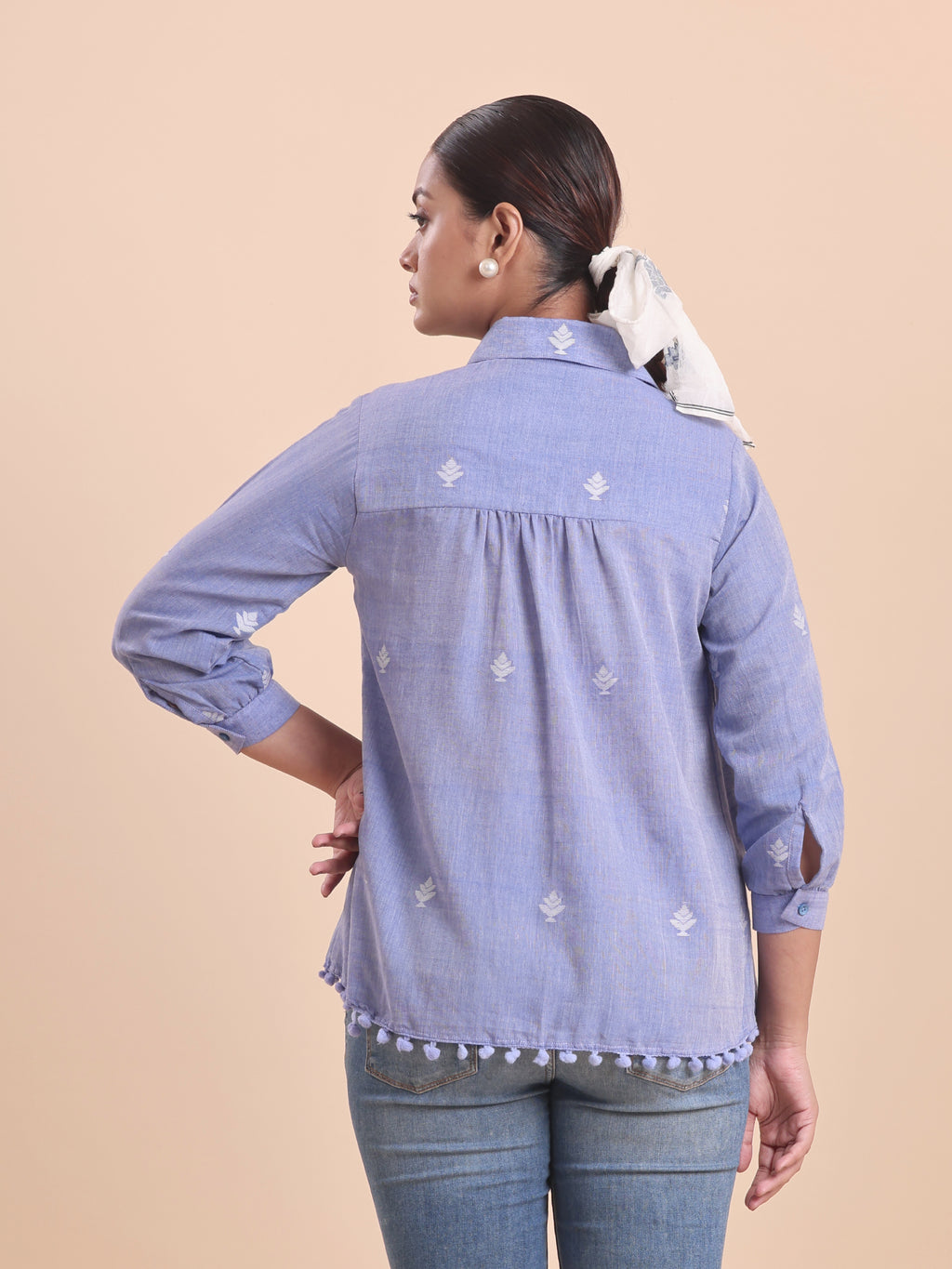 COTTON JAMDANI SHIRRED SHIRT-BLUE