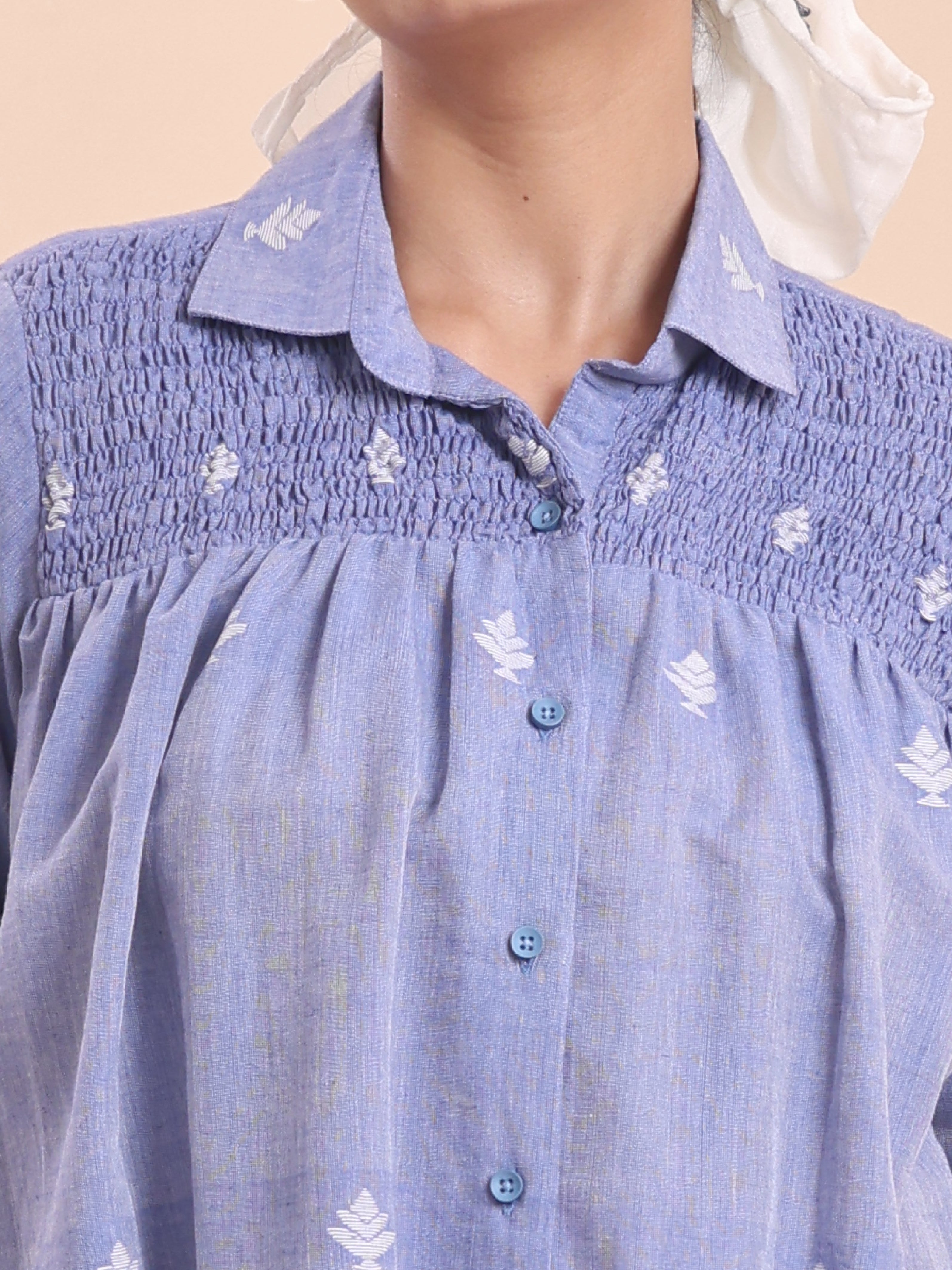 COTTON JAMDANI SHIRRED SHIRT-BLUE